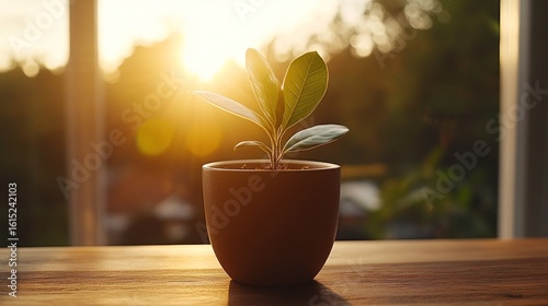 Plant in pot, sunset view