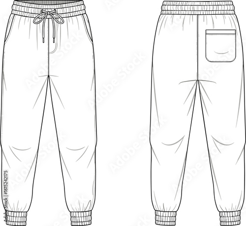Front and back view of jogger pants flat sketch with drawstring waist, cuffed hem, single back pocket, vector cad illustration
