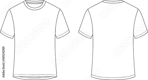 Front and back view of men’s basic short sleeve t-shirt flat sketch, fashion technical drawing, cad drawing flat vector illustration