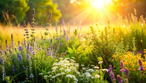 Vibrant wildflowers bathed in golden sunlight, creating a serene and idyllic summer meadow scene