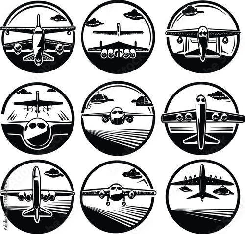 Nine Vintage Black and White Airplane Icons: Air Travel, Transportation, Aviation Graphics.