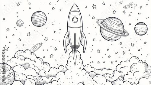 A drawing of a rocket ship blasting off into space with planets and stars all around it in black and white
