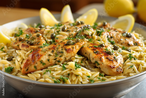 Homemade grilled chicken with orzo and lemon wedges served in a bowl