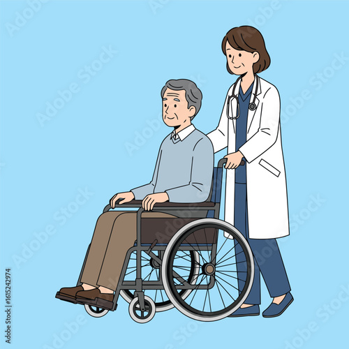Female doctor pushing elderly man in wheelchair vector illustration