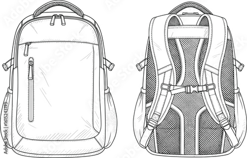 Front and back technical sketch of backpack, vector line art, detailed cad drawing for school, travel, outdoor gear illustration