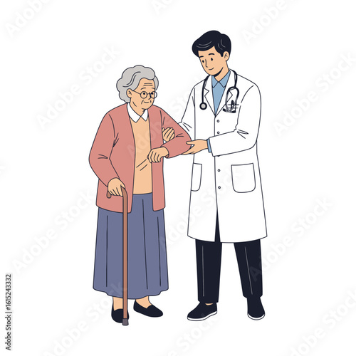 Doctor helping elderly woman walk vector illustration