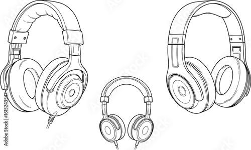High quality detailed CAD illustration of modern headphones, front and side views, flat vector drawing for audio product design