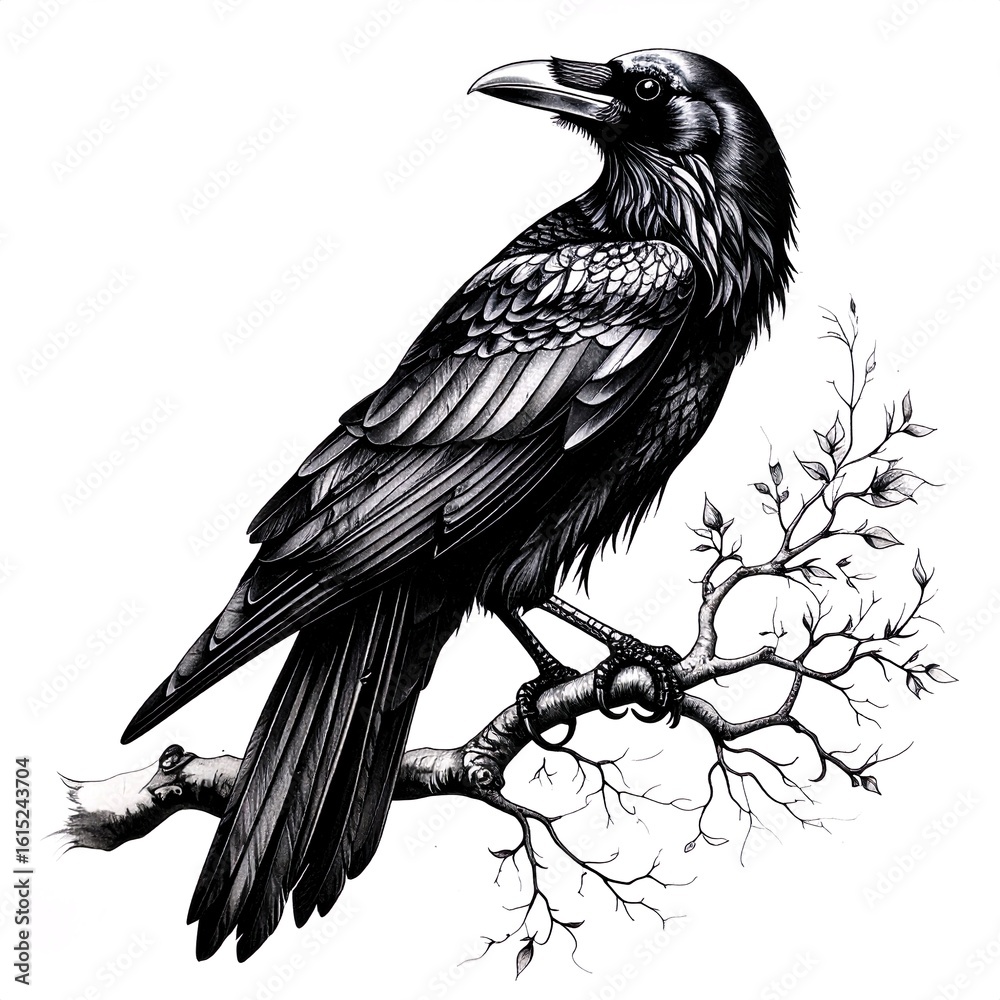 Fototapeta premium Minimalist Black and White Raven Tattoo with Silhouette Style