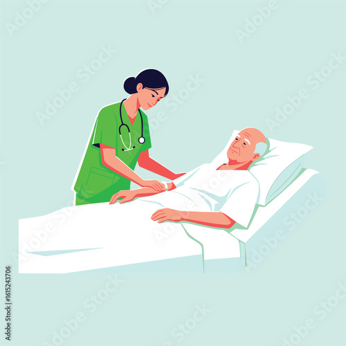 Doctor caring for elderly patient in hospital bed vector