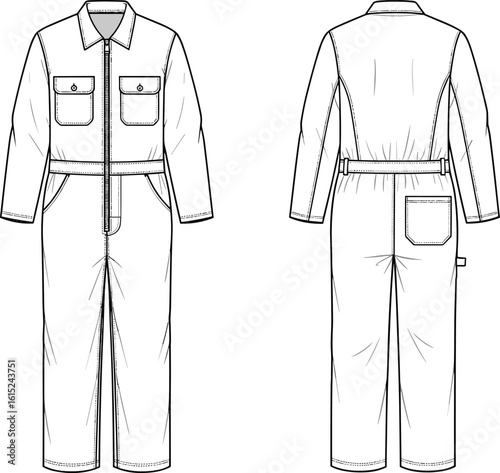 Industrial long sleeve utility jumpsuit CAD template, technical fashion flat sketch, front and back view, vector overall drawing illustration