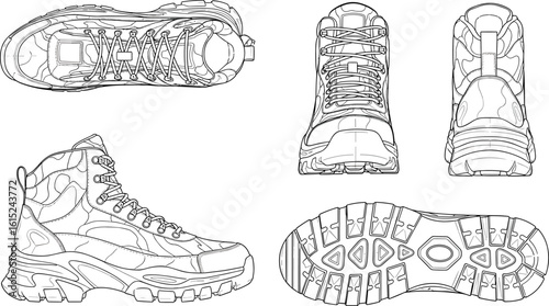 Hiking trail boots cad drawing, outdoor trekking shoe vector illustration, multiple angle technical sketch, rugged sole footwear flat design
