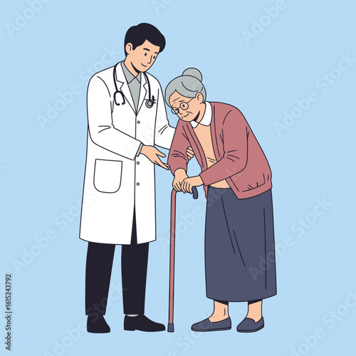 Doctor helping elderly woman walk vector illustration