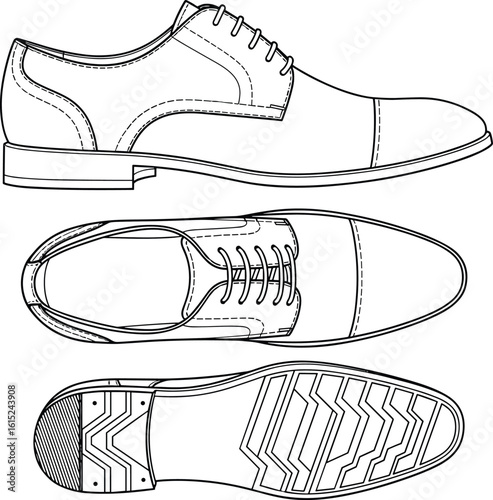 Men’s formal dress shoe cad drawing, top side sole view vector illustration, technical footwear design sketch, leather oxford diagram