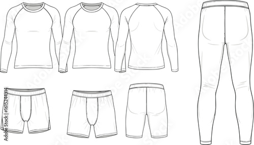 Men’s thermal underwear flat sketch, vector illustration, technical drawing, long sleeve top, leggings, boxer shorts, fashion apparel template, CAD design