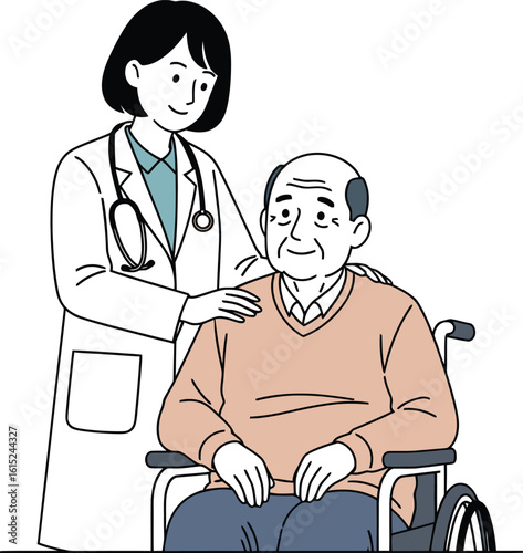 Female doctor pushing elderly man in wheelchair vector illustration