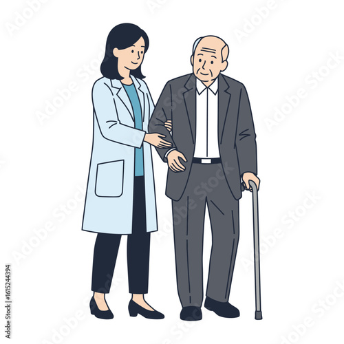 Female doctor supporting elderly businessman with walking stick vector