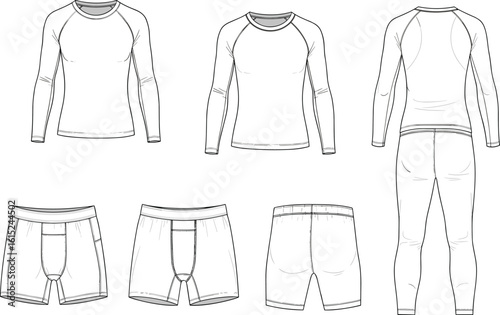 Men's thermal underwear flat sketch, base layer set, long sleeve top and bottom, boxer shorts, technical CAD vector illustration