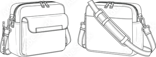 Messenger bag vector illustration with shoulder strap, front and back view, technical sketch, flat cad drawing for fashion design template