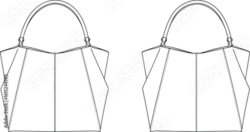 Modern handbag technical sketch with curved handle, leather purse design for sewing pattern, clean CAD drawing, flat vector illustration