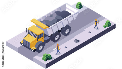 Isometric view of a dump truck filled with rocks on a construction site with workers present