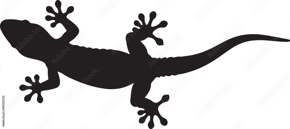 Naklejka premium Black gecko silhouette with spread toes and long tail, gecko, lizard, reptile, silhouette, black, white, crawling, climbing, animal, nature, wildlife, creature, design, graphic, vector, illustration,