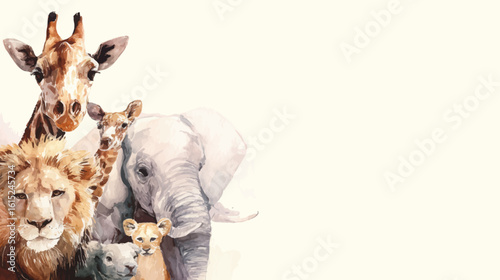 Playful watercolor illustration of safari animals in soft pastel tones.