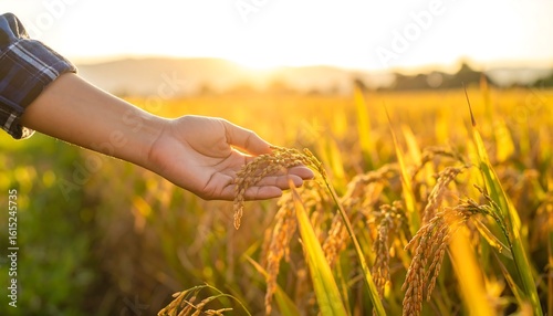 Golden rice field at sunset with farmer's hand gently touching the crops