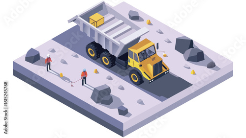 Isometric view of a construction site with a dump truck and two workers surveying the area around it