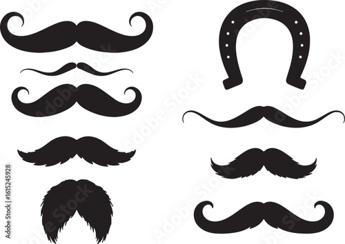 Black mustaches and horseshoe shapes silhouette facial hair, mustache, horseshoe, black, silhouette, facial hair, curl, luck, western, vintage, graphic, design, illustration, style, accessory, symbol