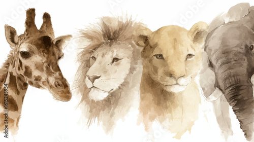 Playful watercolor illustration of safari animals in soft pastel tones.