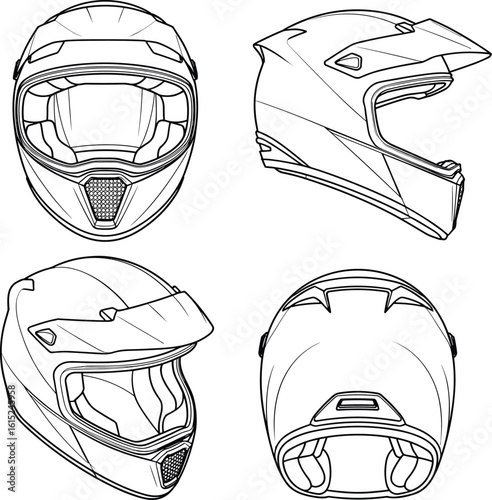 Motorcycle helmet blueprint, technical vector drawing, CAD sketch illustration, dirt bike gear, protective headgear design, safety equipment concept art