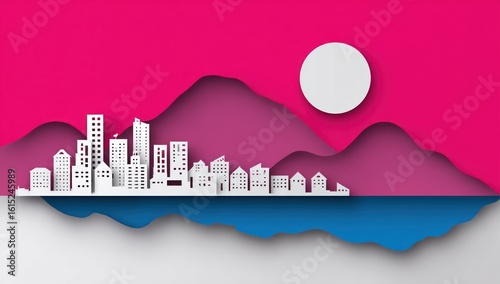 Paper-cut city. Mountains rise behind a white cityscape above blue water, under a bright pink sky and a white sun. The design is layered, giving a dimensional effect