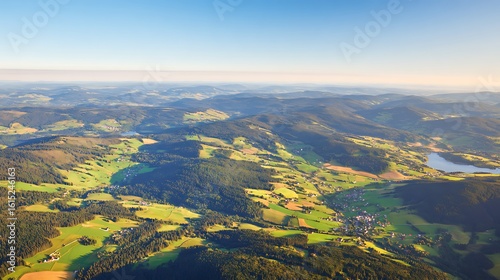 Aerial view of rolling hills and valleys