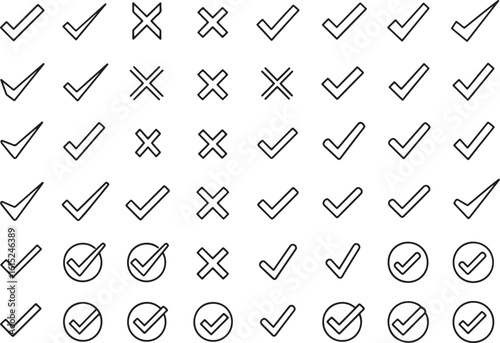 Checkmarks and crosses symbols vector, checkmark, cross, symbol, mark, yes, no, correct, incorrect, selection, choice, approval, rejection, graphic, design, icon, simple, clean, outline, black, white,