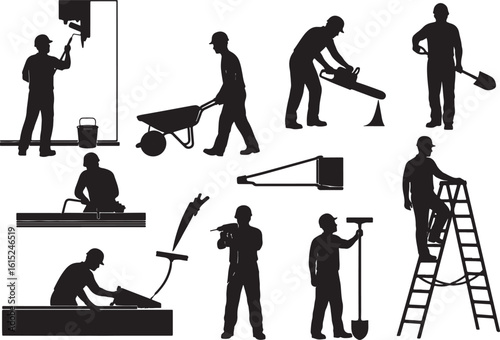 Construction workers performing various tasks silhouettes, construction, workers, silhouettes, painting, wheelbarrow, chainsaw, shovel, ladder, drilling, construction tools, building, labor, industry,
