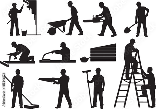 Construction workers performing various tasks painting, construction, workers, painting, wheelbarrow, chainsaw, shovel, carpentry, trowel, lumber, ladder, broom, saw, tools, black silhouette, white ba