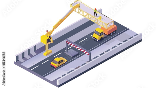 Isometric view of road construction with crane truck and cars undergoing maintenance work on bridge deck