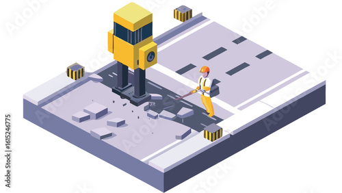Isometric view of road construction with worker using jackhammer and yellow machinery on the street