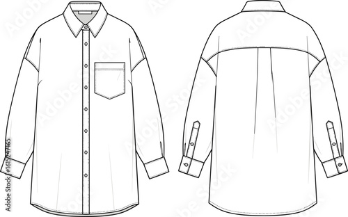 Oversized long sleeve shirt flat sketch, front and back cad drawing, technical fashion vector illustration for apparel design and mockup