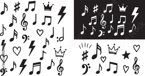 Musical notes treble clefs bass clefs hearts crowns stars lightning bolts, musical notes, treble clef, bass clef, heart, crown, star, lightning bolt, black, white, graphic, symbols, music, illustratio