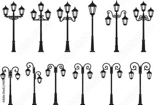Ornate street lamps with multiple lights lampposts, street lamps, lampposts, vintage, ornate, outdoor lighting, black silhouette, decorative, classic, street furniture, lighting fixtures, multiple lam
