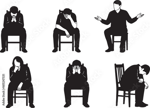 People sitting chairs expressing sadness despair contemplation, people, sitting, chairs, black, white, sad, despair, contemplation, praying, thinking, isolated, figures, silhouettes, emotions, posture