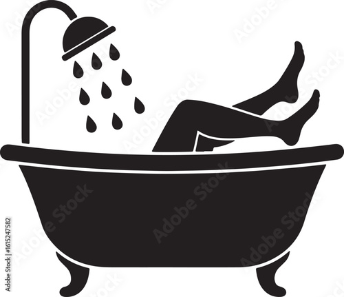Person bathing in bathtub with shower water legs, bathtub, shower, water, legs, feet, black, white, hygiene, relaxation, cleansing, domestic, bathroom, personal care, silhouette