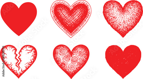 Six red hearts with different textures and styles love, red hearts, love, romance, broken heart, textured hearts, graphic design, symbols, illustrations, romantic, valentine, celebration, emotion, pas
