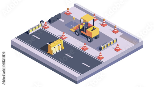 Isometric road construction scene with yellow machinery and traffic cones on gray asphalt road