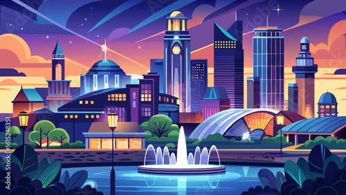 Kansas City, Missouri, reveals a skyline with fountains and historic bridges. Semi-realistic textures show city lights twinkling against the calm of twilight and open skies.