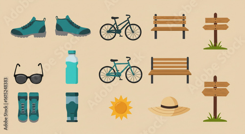 Illustration of outdoor recreation gear including bikes, benches, and hiking equipment displayed