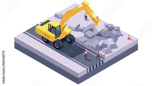 Isometric view of a yellow excavator removing rocks with construction workers on a gray road surface