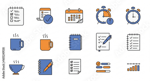 Illustration of various office and planning icons including calendars clocks and coffee mugs shown