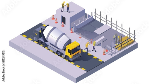 Isometric construction site scene featuring a cement truck and construction workers at their job site